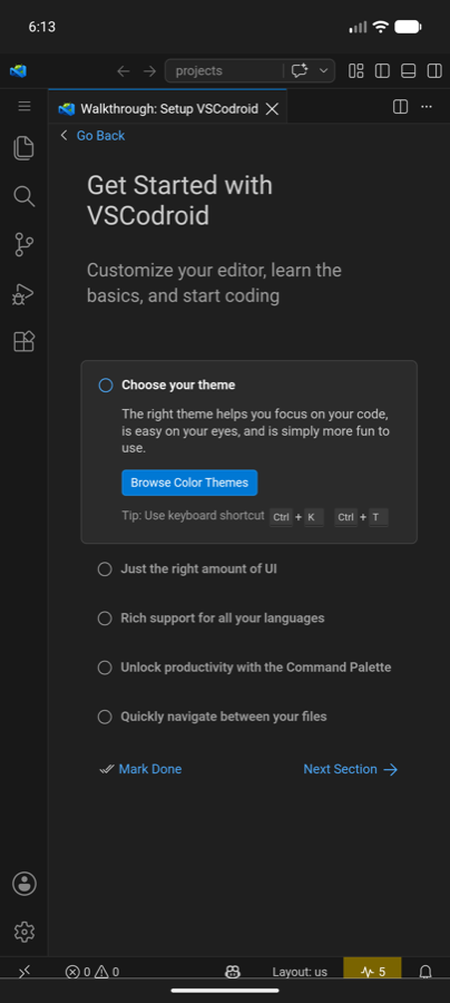 VSCodroid open on a phone, showing the Get Started walkthrough inside the VS Code workbench.